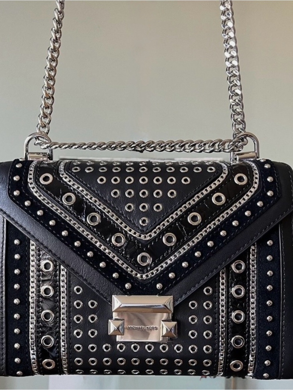 Michael Kors Black Whitney grommeted/ Studded Leather convertsble Shoulder Bag - Picture 8 of 10